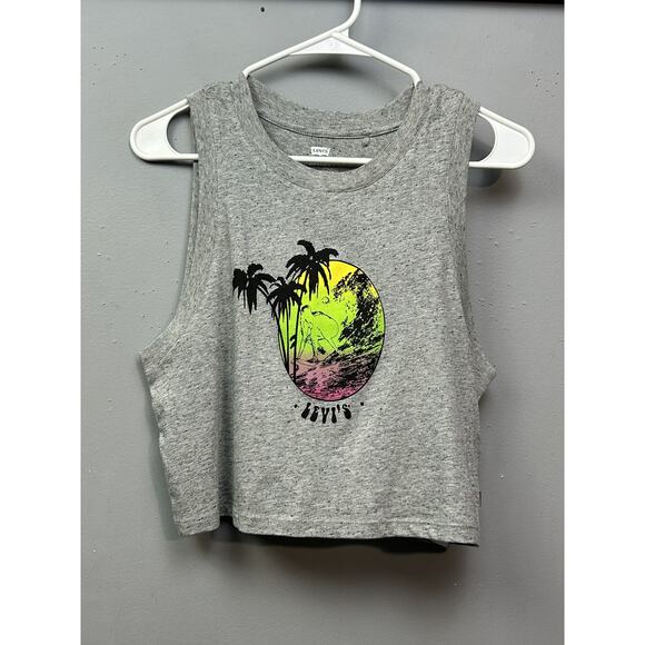 Levis Crop Tank Top Womens XS Surf Beach Palms Graphic Sleeveless Shirt - Picture 1 of 8
